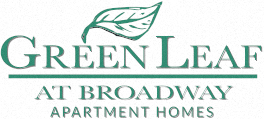 A logo for Green Leaf at Broadway Apartment Homes.
